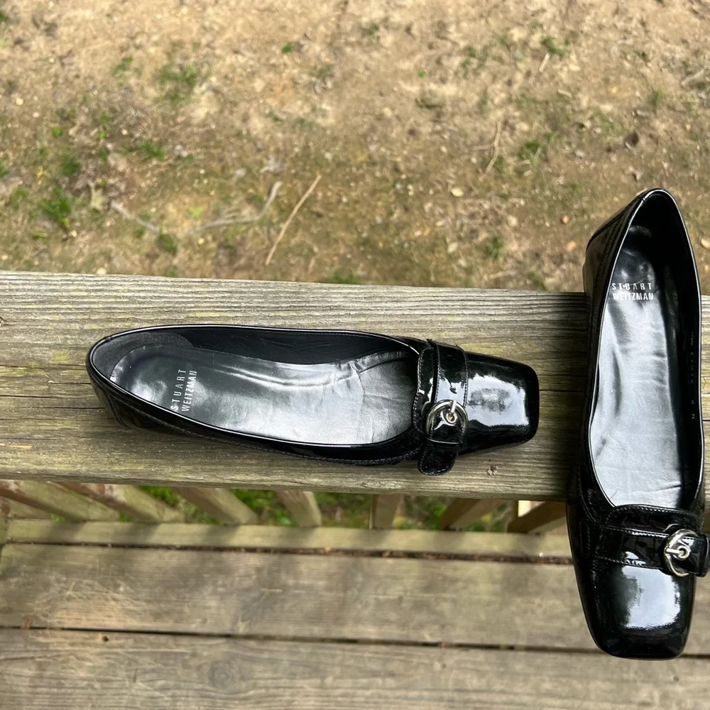 STUART WEITZMAN Black Patent Leather Small wedge Flat shoes Women’s 8 Narrow - Picture 2 of 11